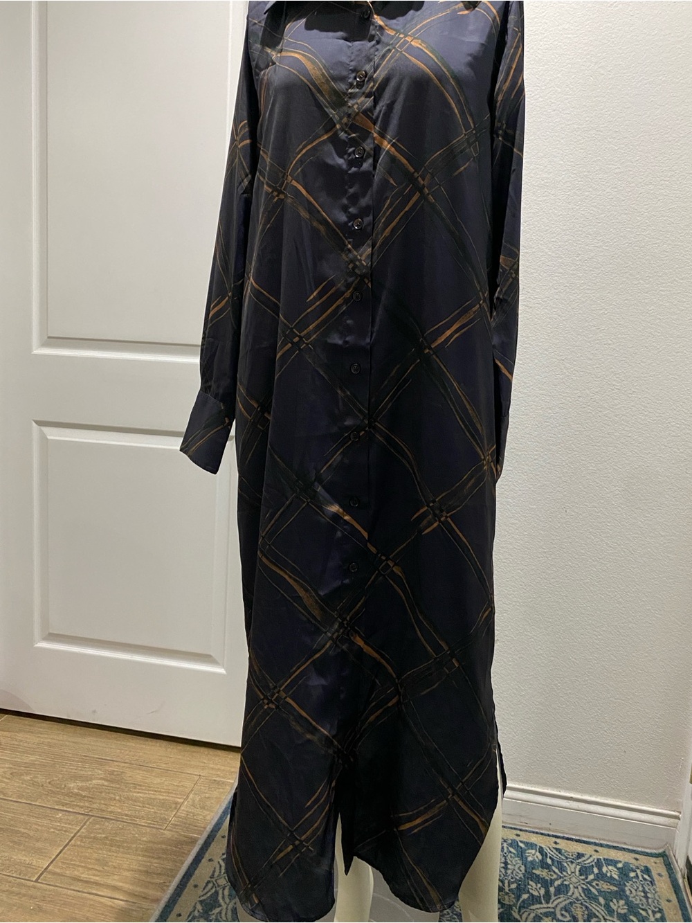 Banana Republic Navy Long Sleeve Button-Front Shirt Dress with Tan Windowpane